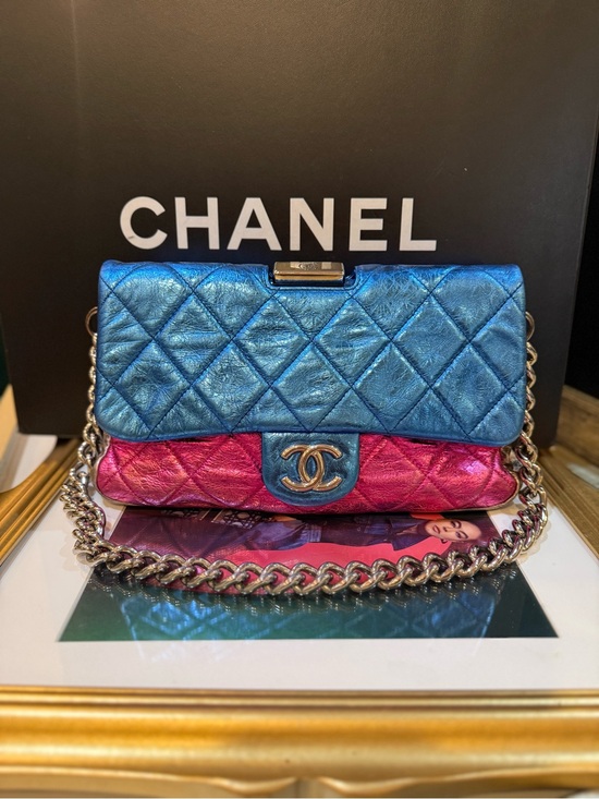 CHANEL Handbags - CHANEL Metallic Blue and Pink Quilted Flap Crossbody Bag